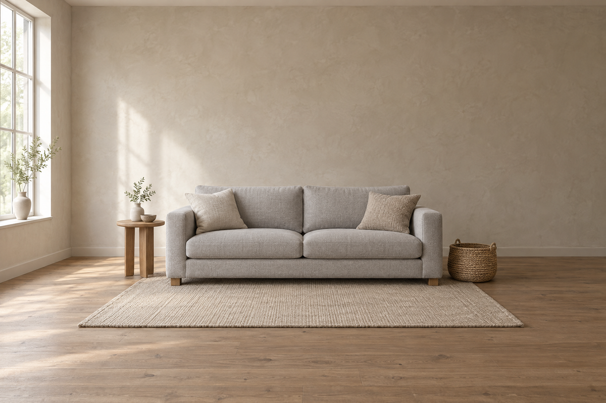 A styled living room corner in warm daylight with a plain light grey sofa, a round wood side table and a neutral flatweave rug against a bare plaster wall.