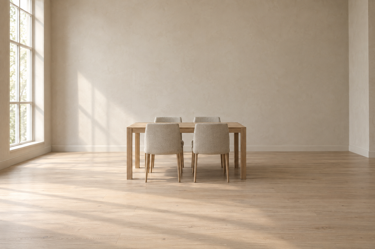 An empty, styled dining room with a light oak rectangular table and four upholstered chairs centered in a bright, neutral space with wide plank floors and soft window light.