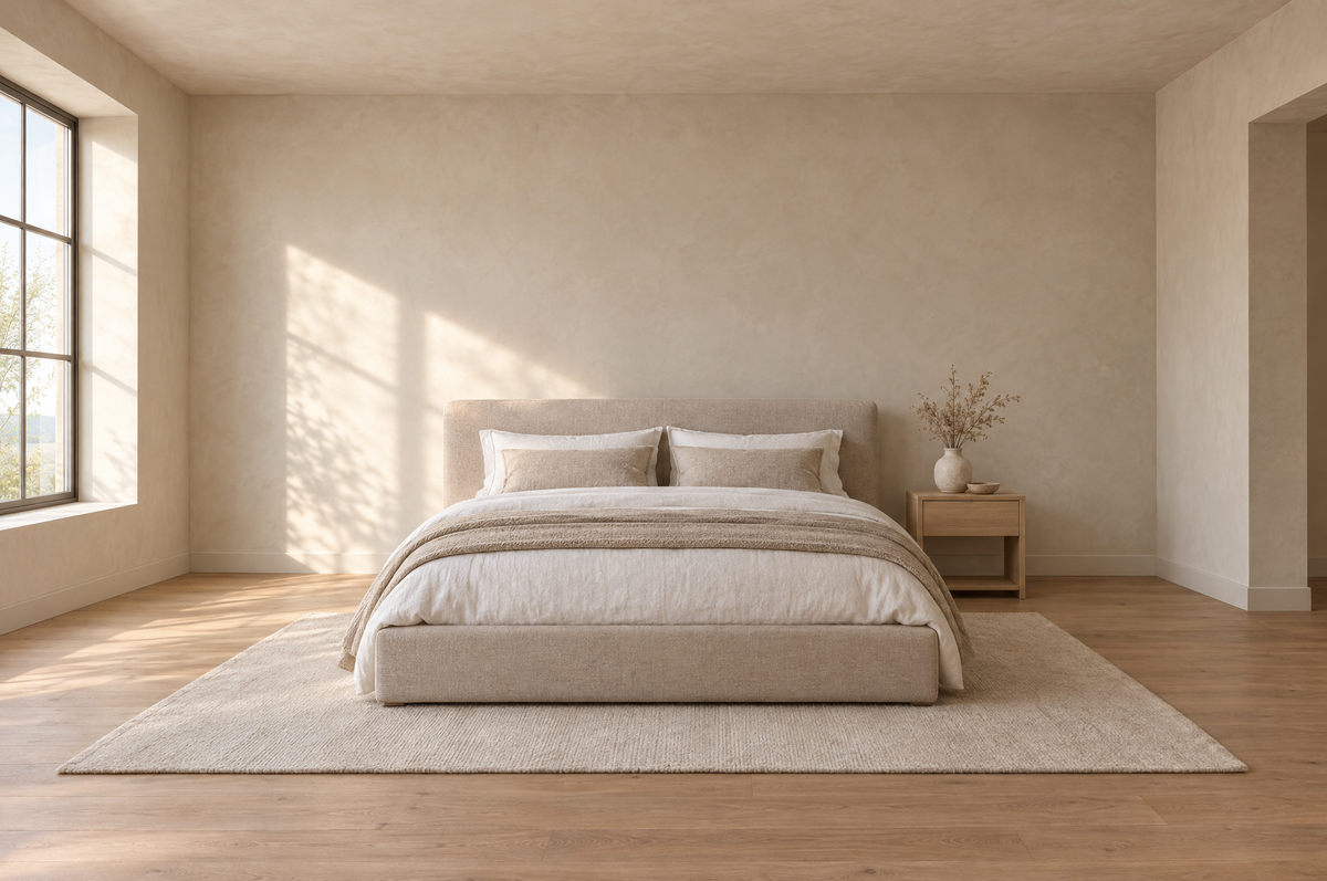 Empty styled bedroom with a neutral upholstered platform bed dressed in white and sand bedding, a light wood nightstand, warm morning light on a plaster wall and an oak floor.