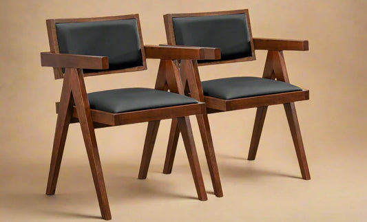 Solid Wood Black Vegan Leather Mid Century Dining Chairs