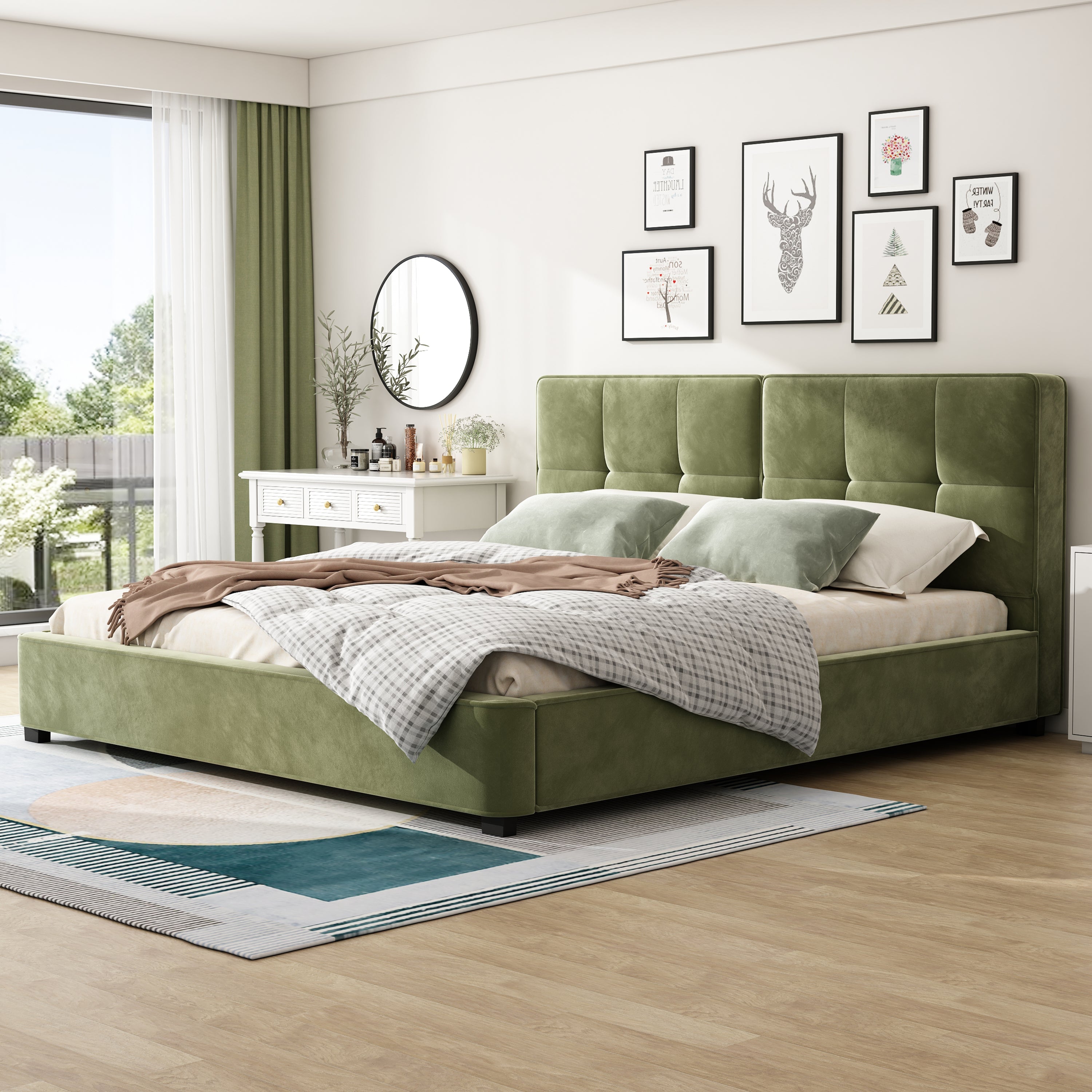 Olive green velvet king bed frame in a bright bedroom
