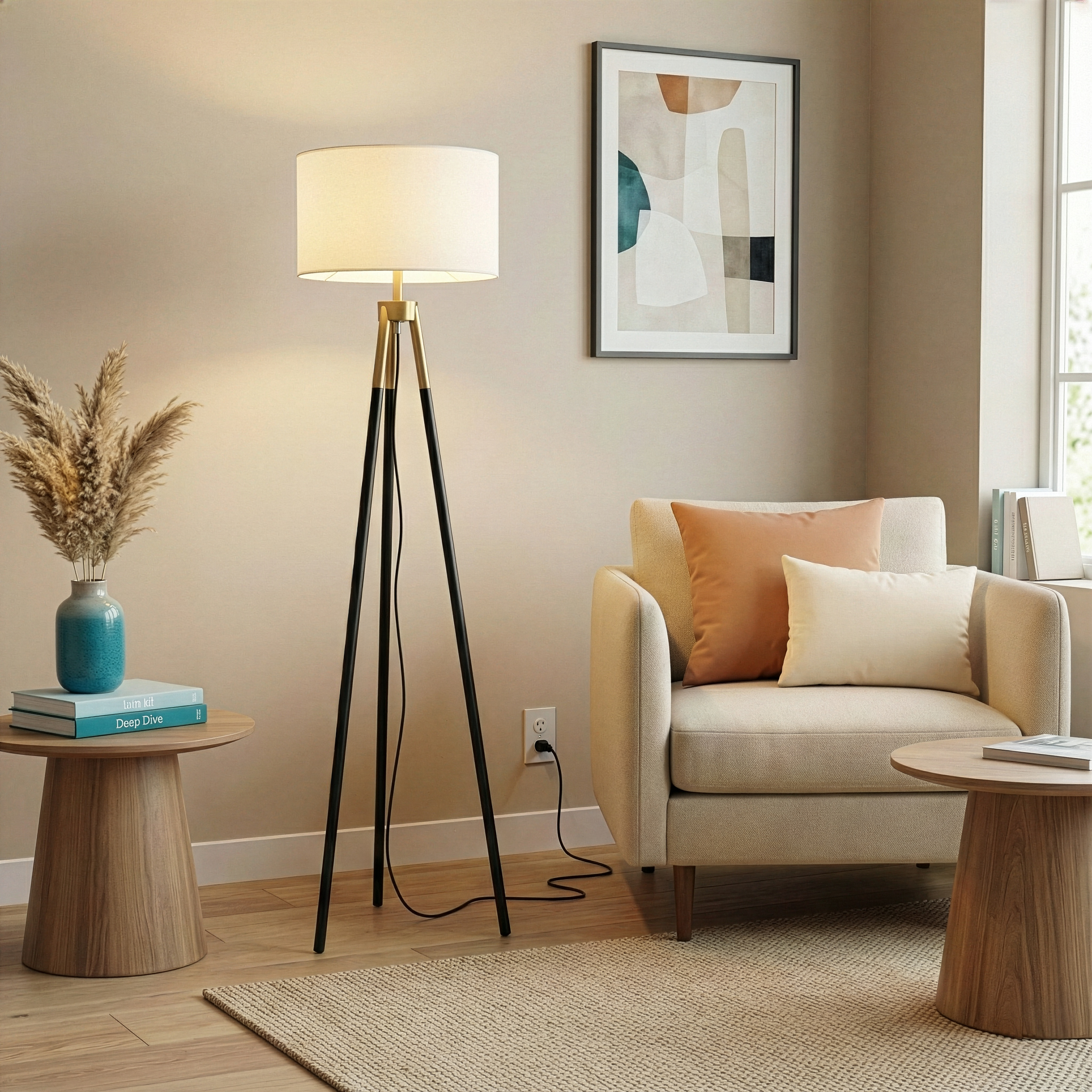 Floor Lamp with Fabric Shade and Metal Base, Gold