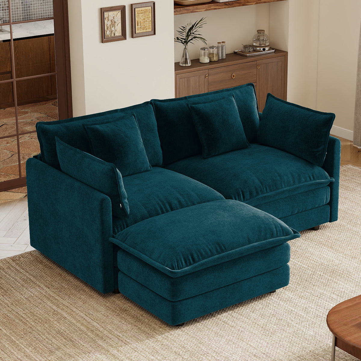 Blue Chenille Sectional Couch with Ottoman