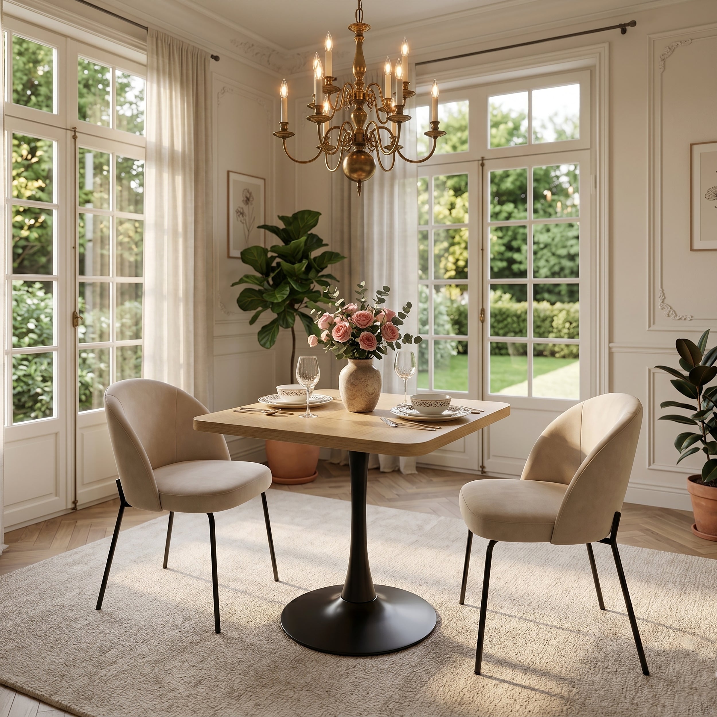 Natural square tulip dining table with black pedestal in a bright styled dining room with two cream chairs and roses