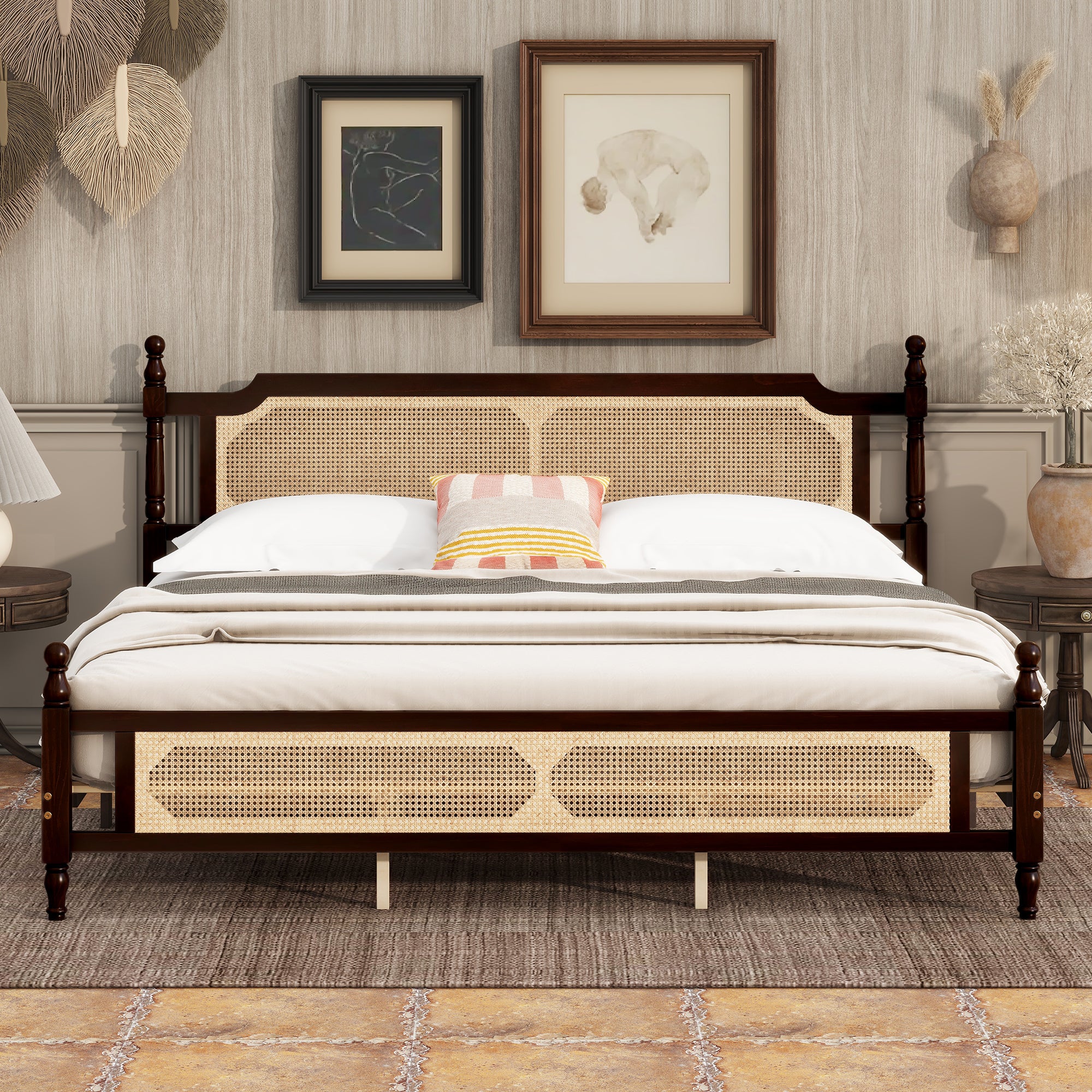 King Bed Frame with Rattan Headboard, Espresso Pine