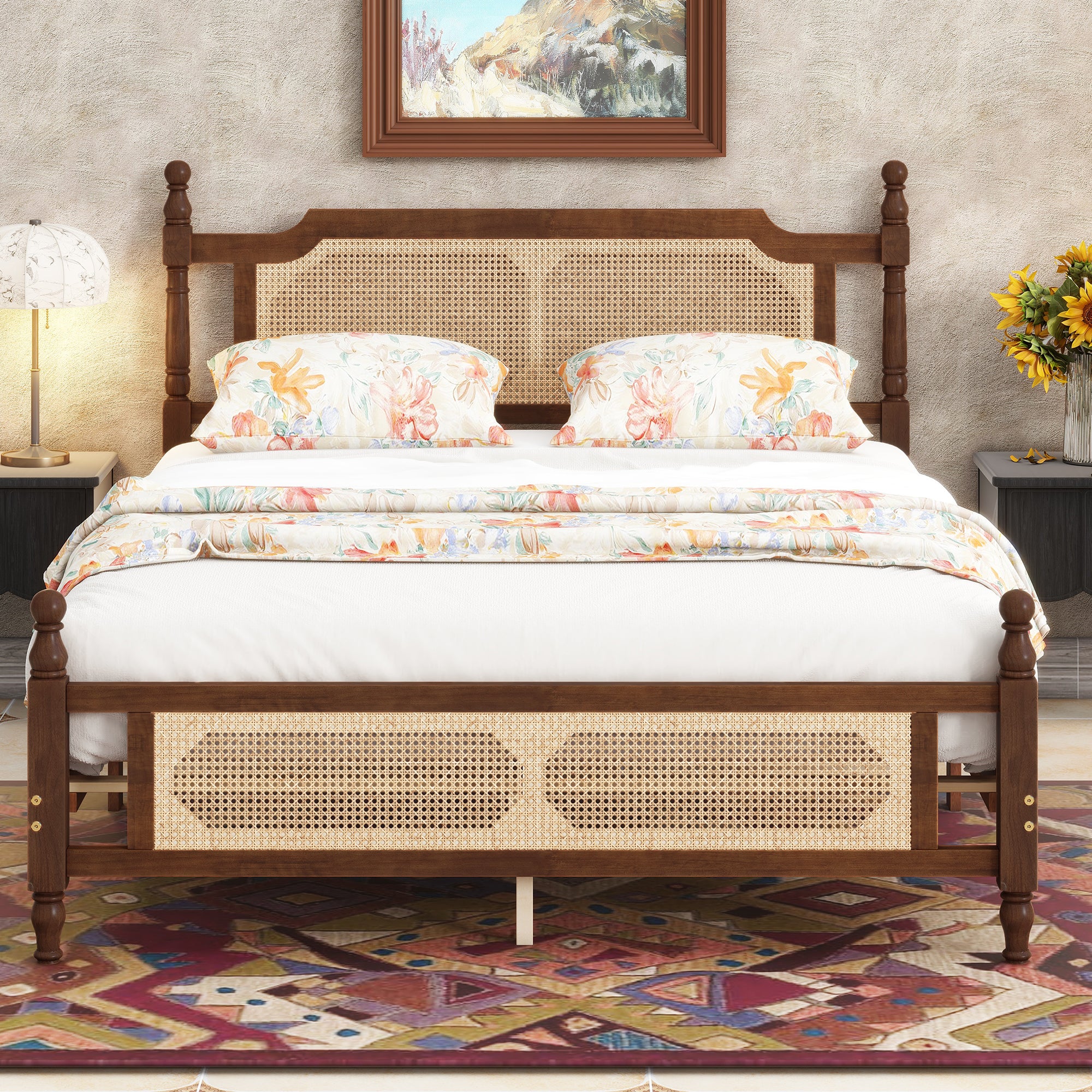 Queen Bed Frame with Rattan Headboard, Walnut Pine