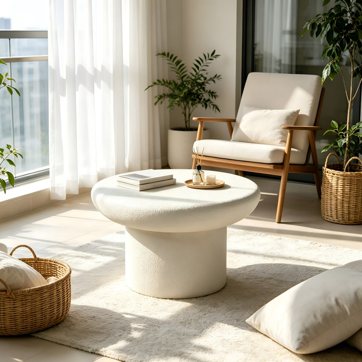 Beige Round Coffee Table, 31.5 in, Fiberglass
