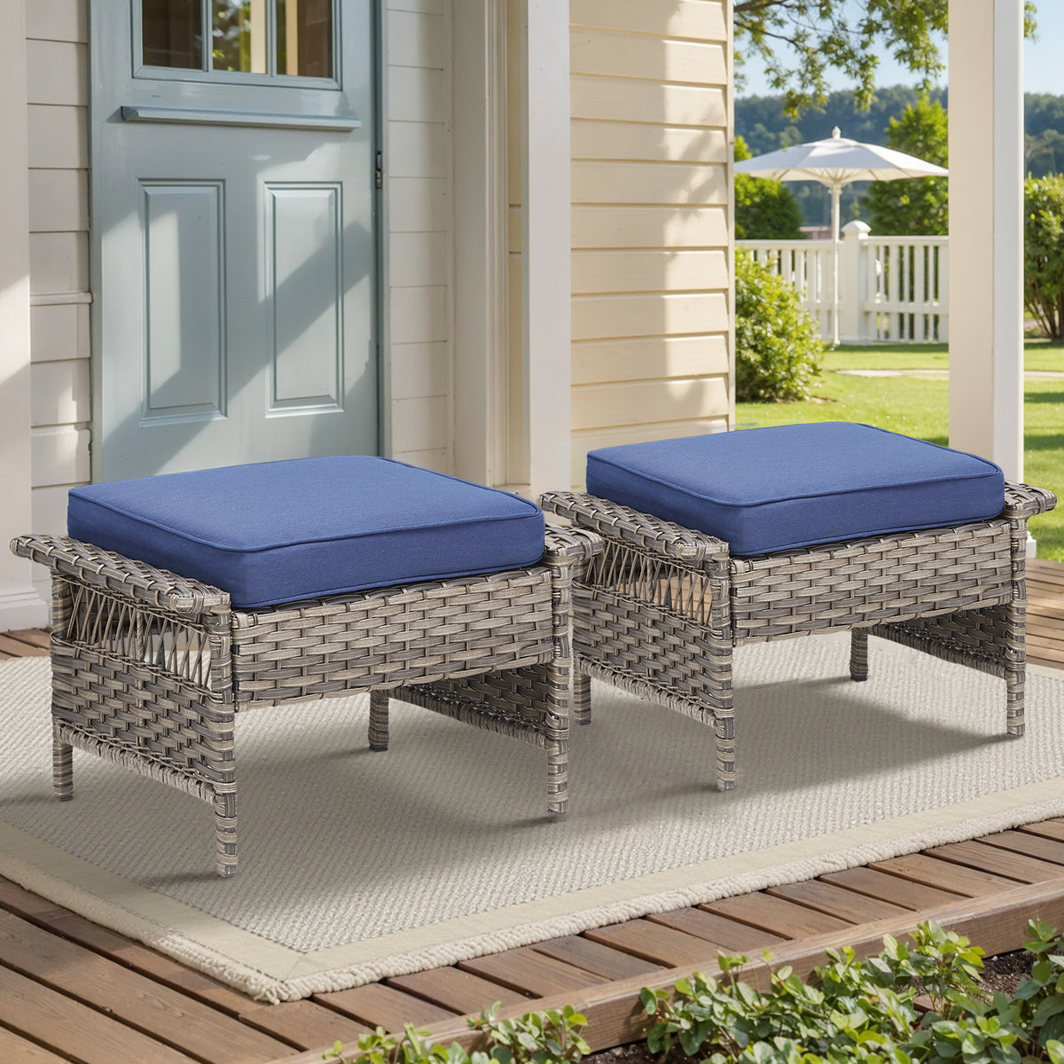 Wicker Outdoor Ottoman with Blue Cushions, Set of 2, 14.5 in Tall