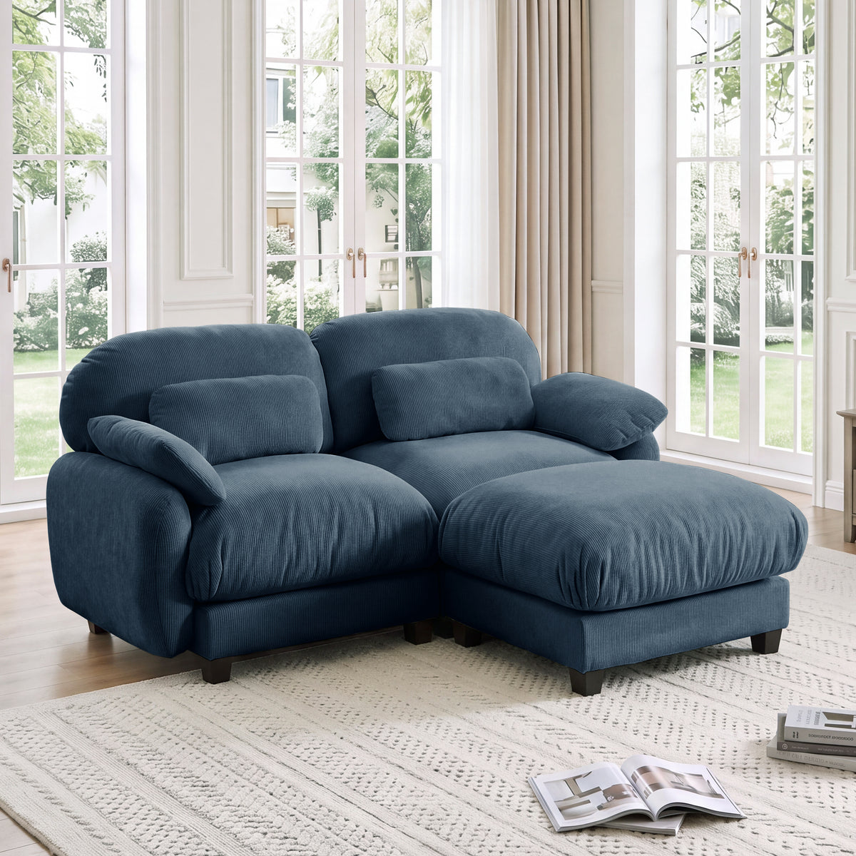 Blue Chenille Modular Sectional Couch with Ottoman, 2-Seat