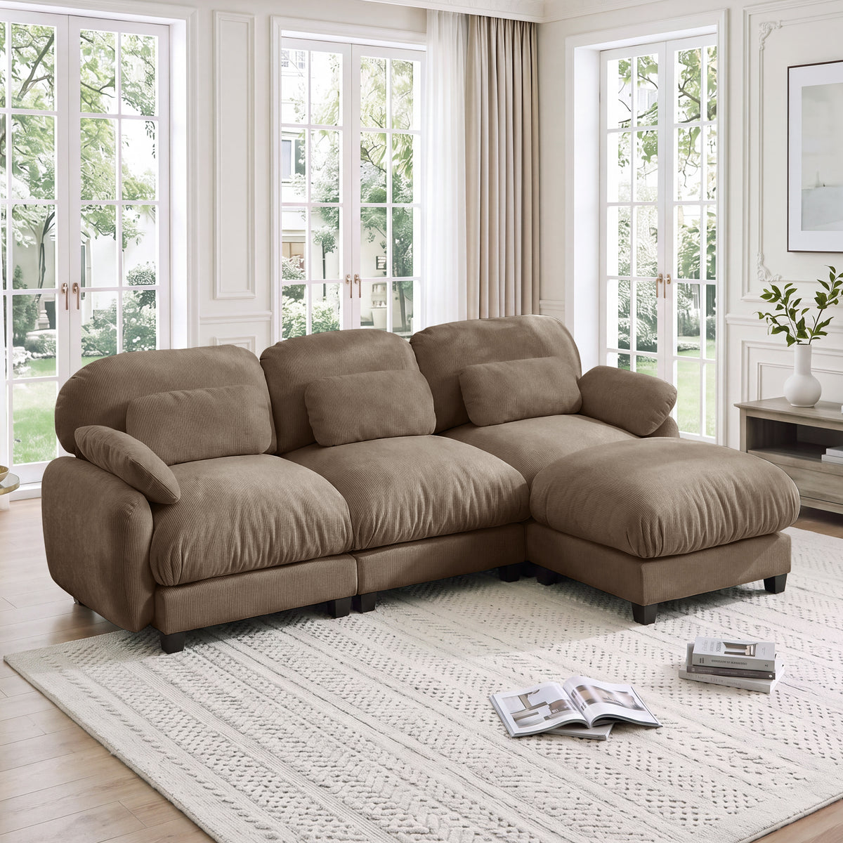Brown Chenille L-Shaped Modular Sectional Couch with Ottoman