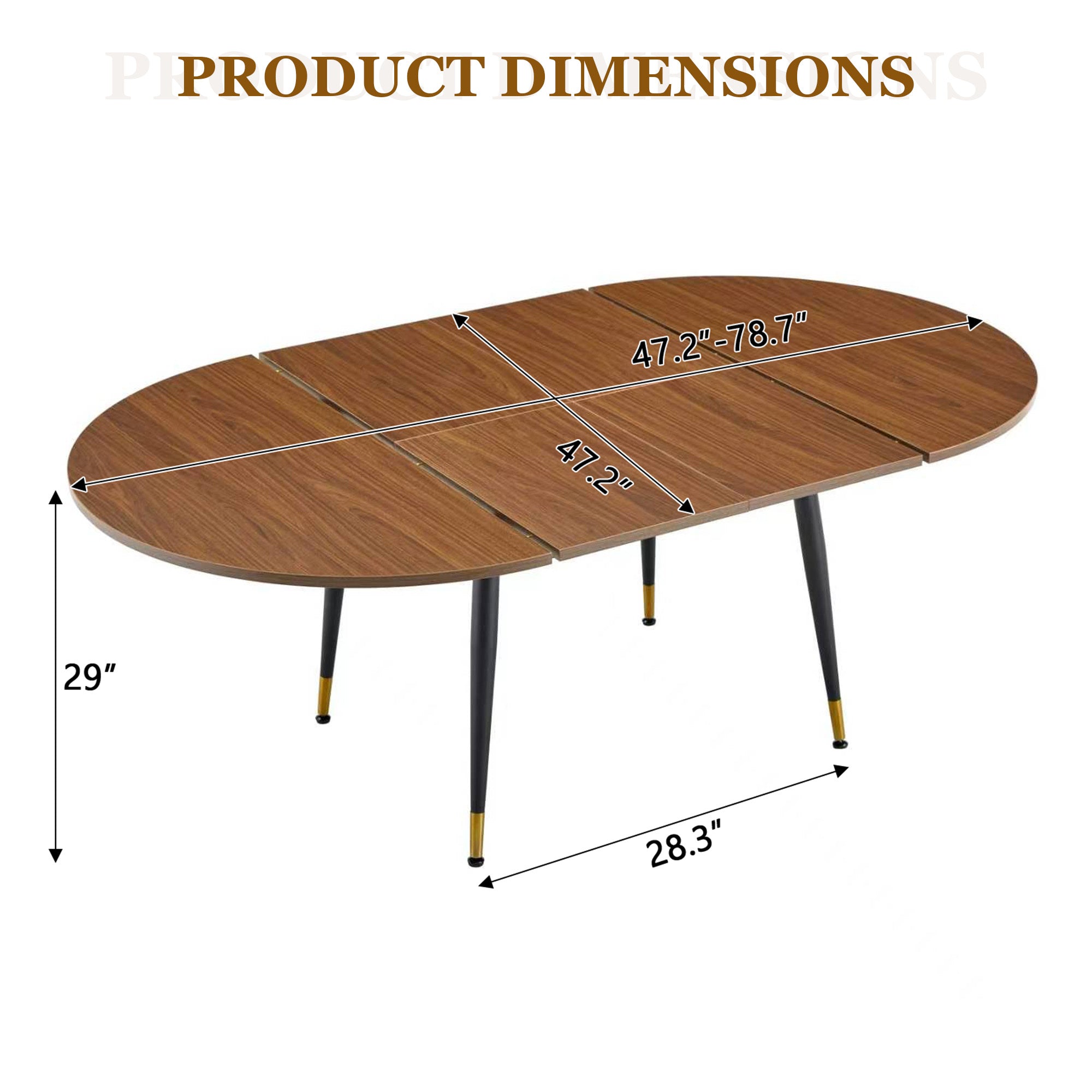 Dimension diagram of the oval extendable table showing 47 to 78in length and 29in height