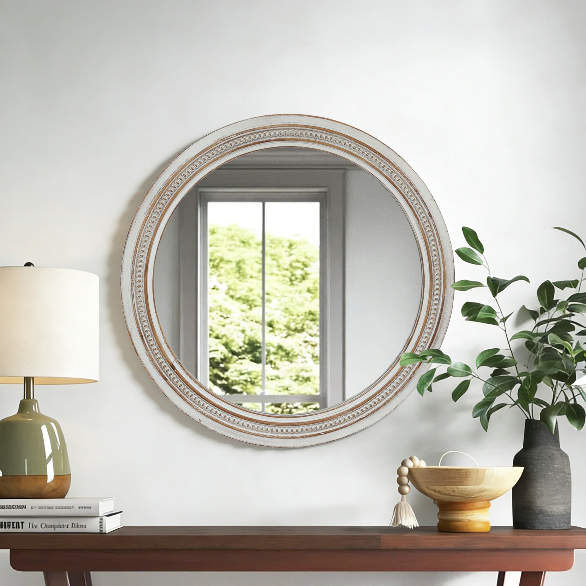 Vintage Round Mirror, 23.62 in Ornate Beaded Trim Frame