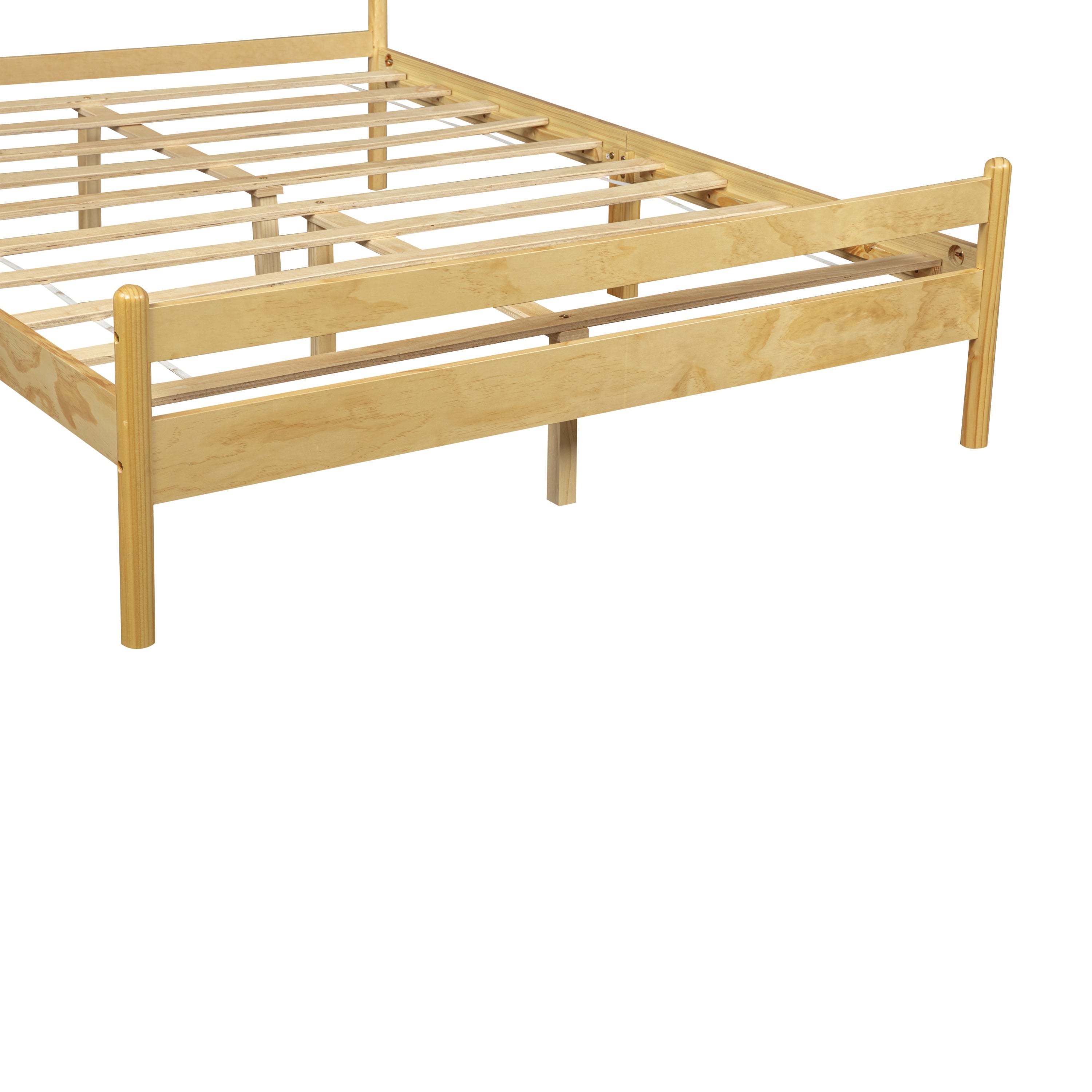 Angled foot-end view of the natural pine bed frame with slats and legs #Color_Natural