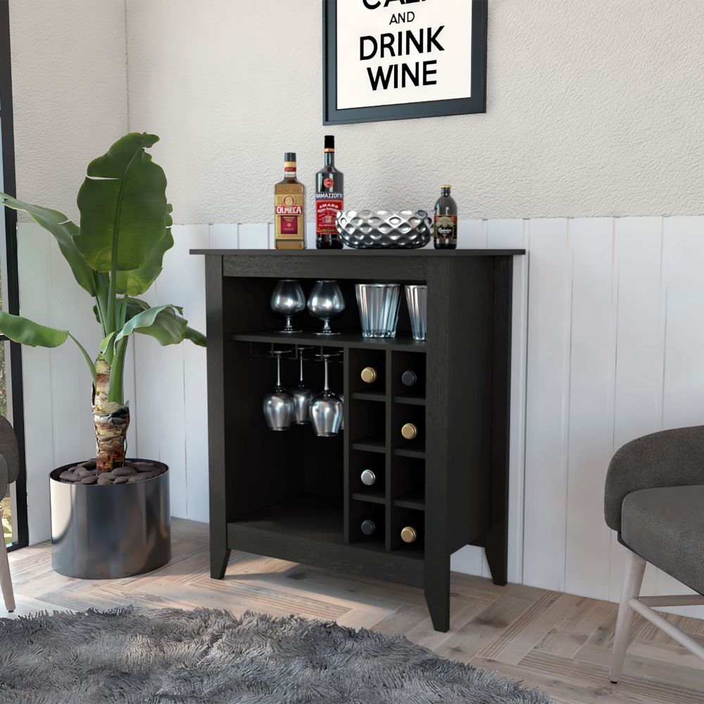 Modern Bar Cabinet, Black, 6-Bottle Wine Rack and Glass Holder