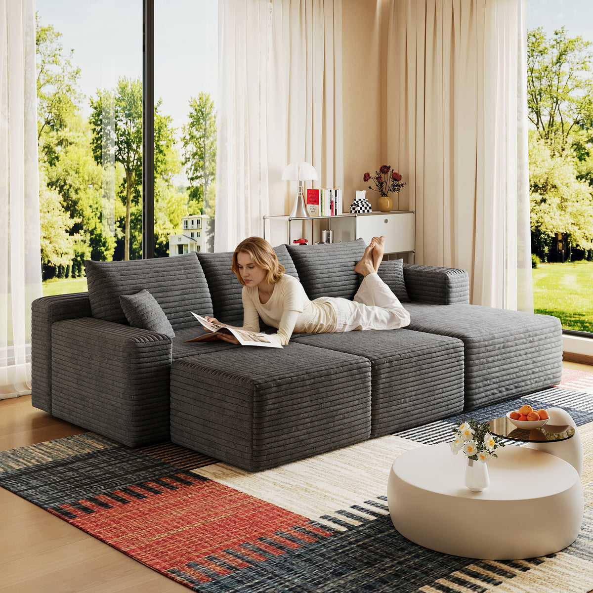 Dark Gray Corduroy L-Shaped Sectional with 2 Ottomans, 95 in Wide