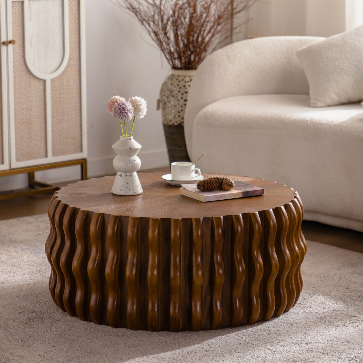 Walnut Round Fluted Coffee Table, 30.3 in
