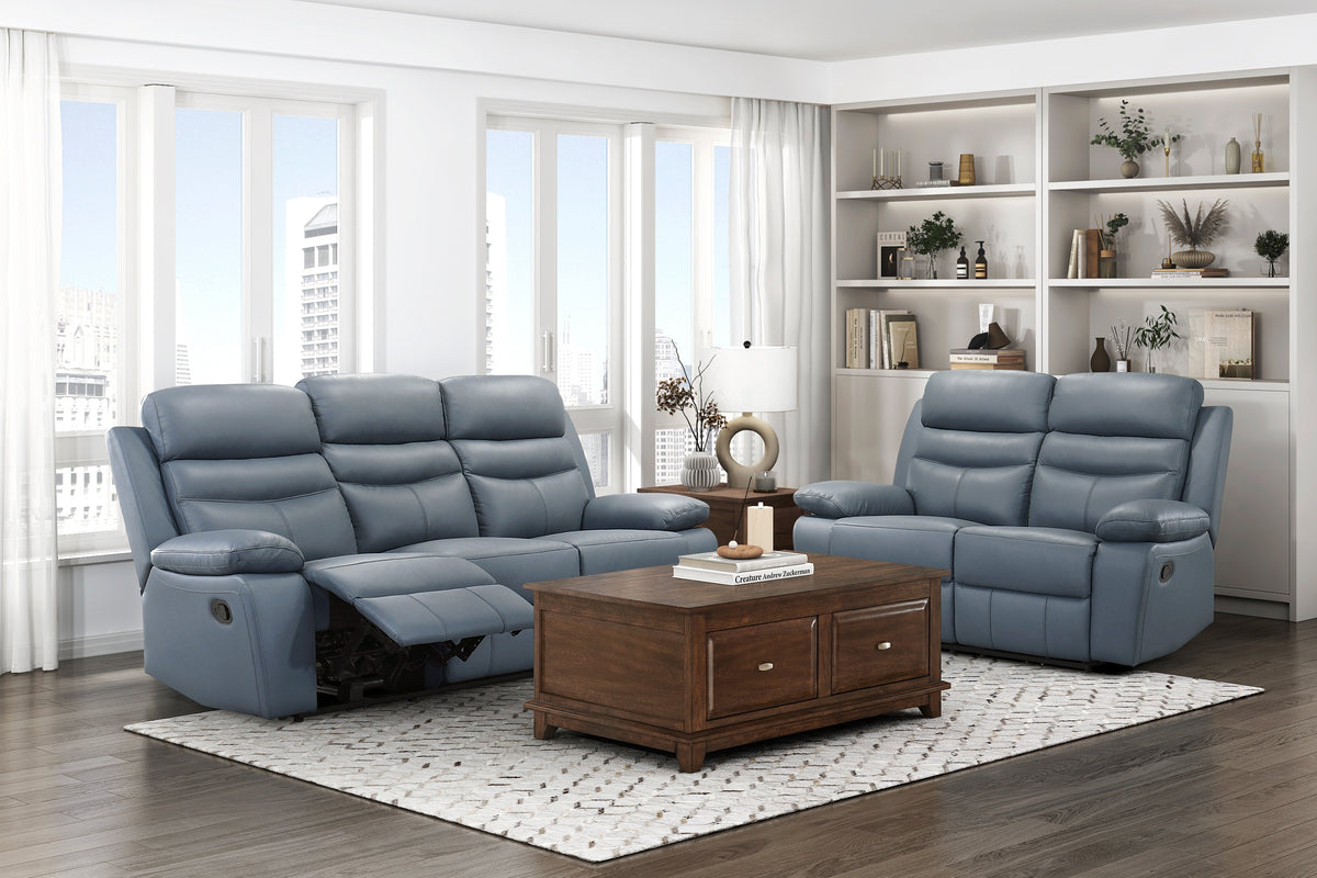 Blue Genuine Leather Reclining Sofa and Loveseat Set