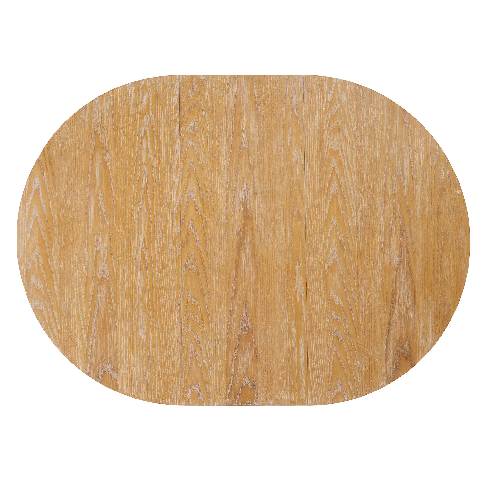 Overhead studio view of the extended oval natural oak tabletop