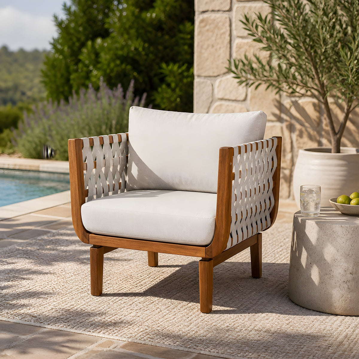 Teak Finish Solid Wood Outdoor Lounge Chair with Beige Cushions, Rope Weave
