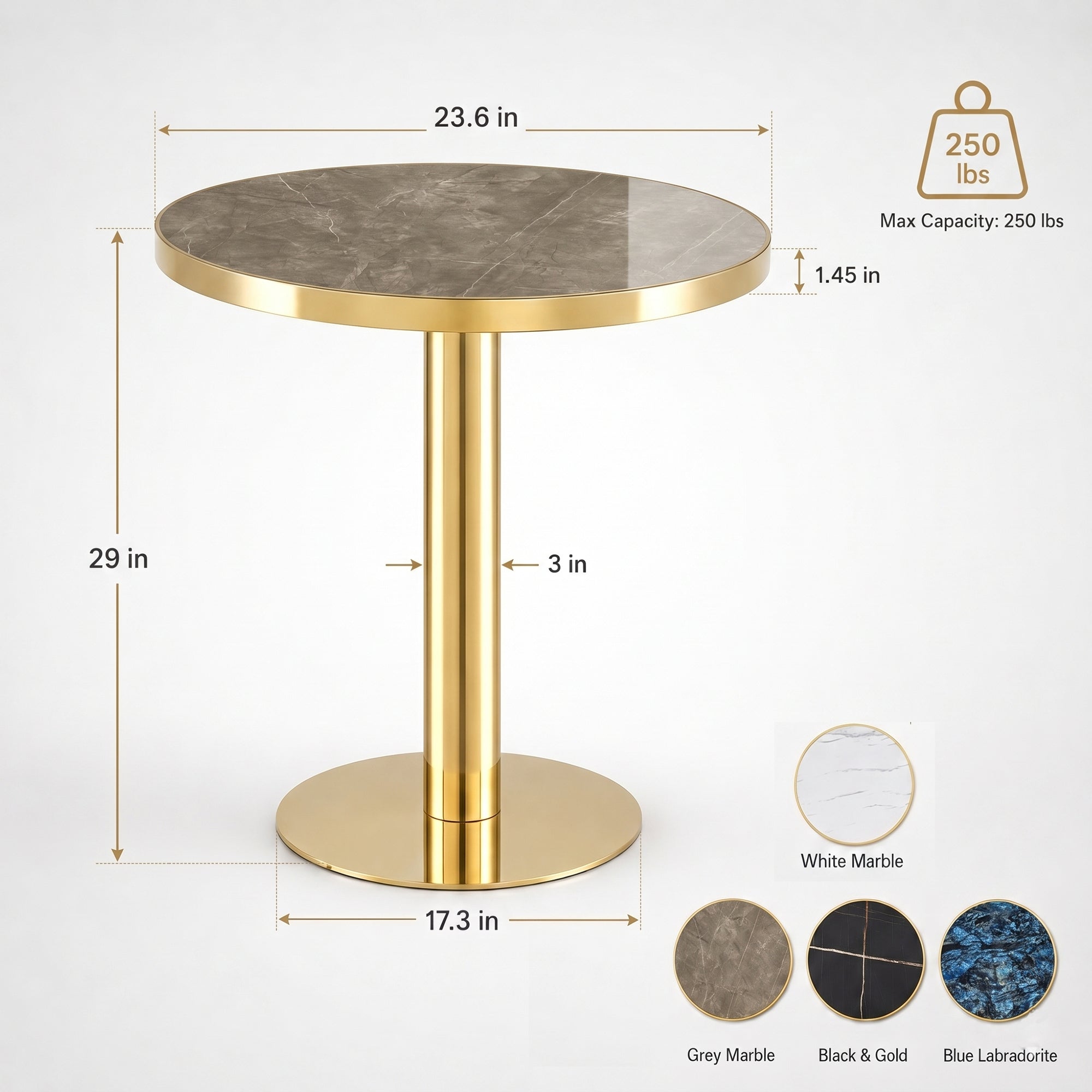 Dimension diagram of the bistro table, 23.6 inch top, 29 inch height, 3 inch column, with four marble colorway swatches