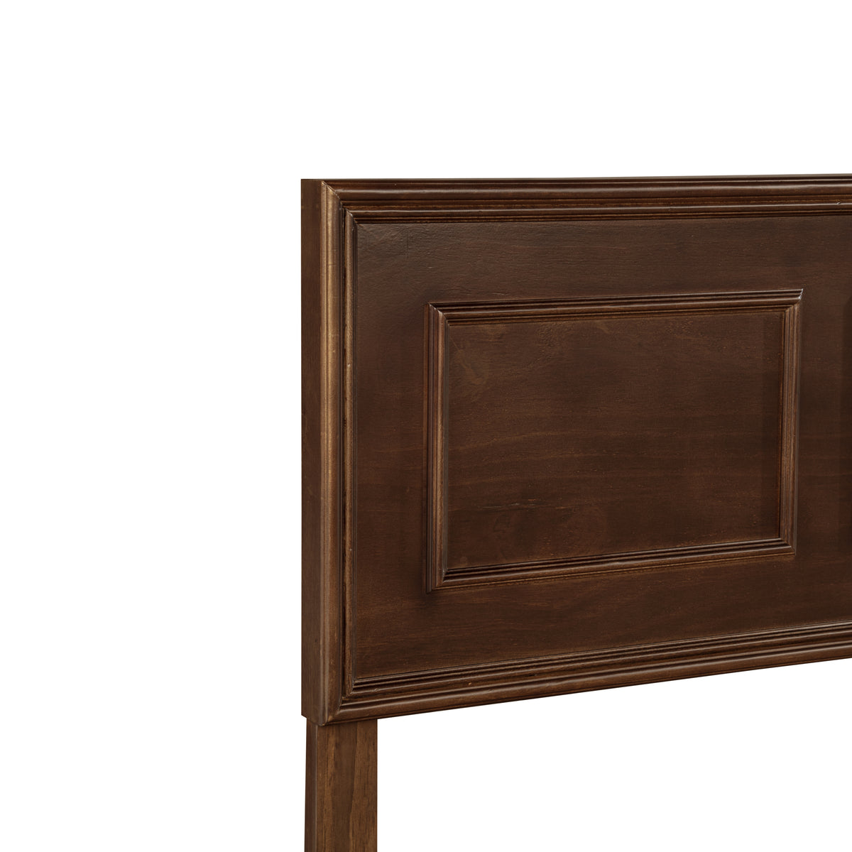 Closeup of rich brown queen headboard corner with a recessed rectangular panel