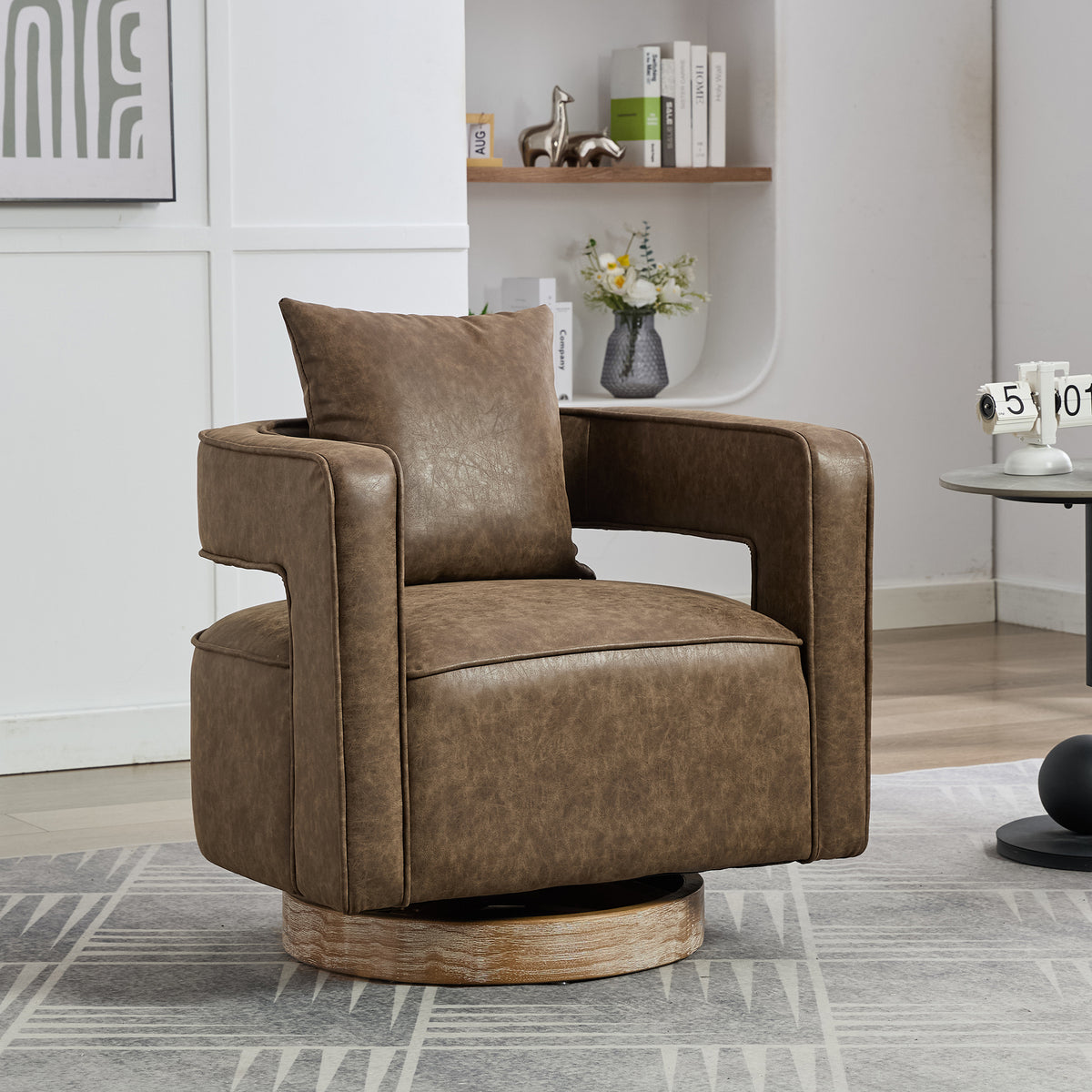Brown Vegan Leather Swivel Barrel Chair, Nursery, Coffee