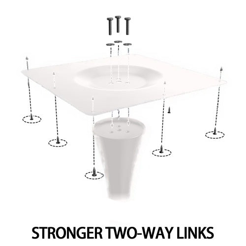 Assembly diagram of the tulip bistro table showing screws bolting the tabletop to the pedestal base