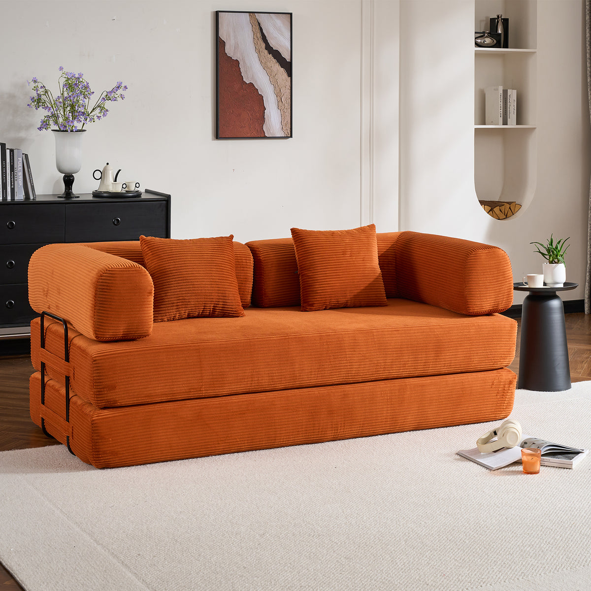 Orange Corduroy 2-Seat Sleeper Sofa, 78 in Wide