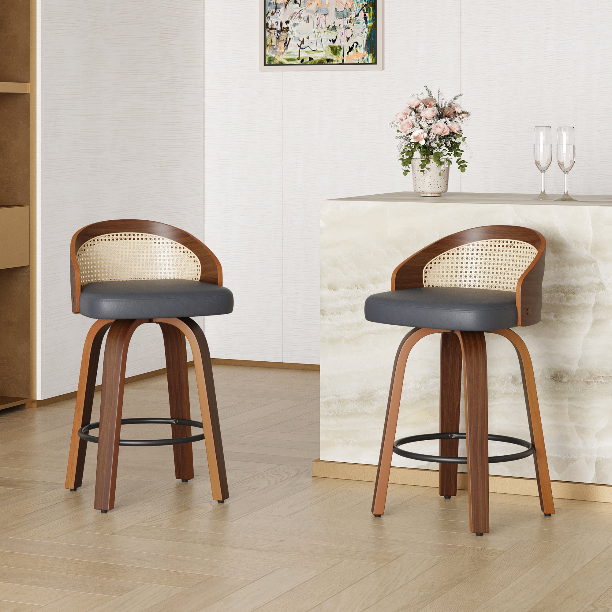 Counter Stool Set of 2, Gray Vegan Leather, Rattan Back Swivel