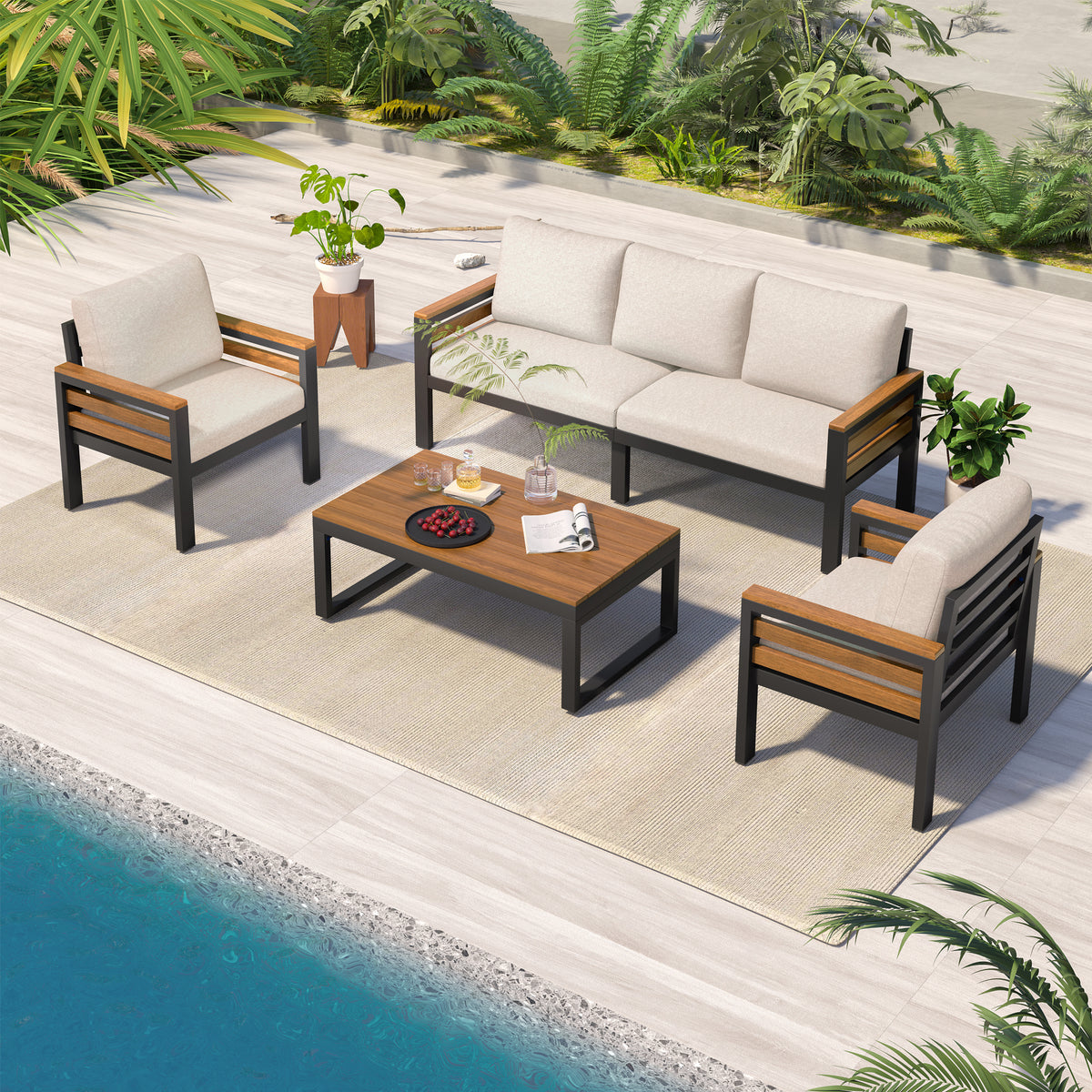 Beige 4-Piece Outdoor Sofa Set for 5 with Cushions, with Coffee Table