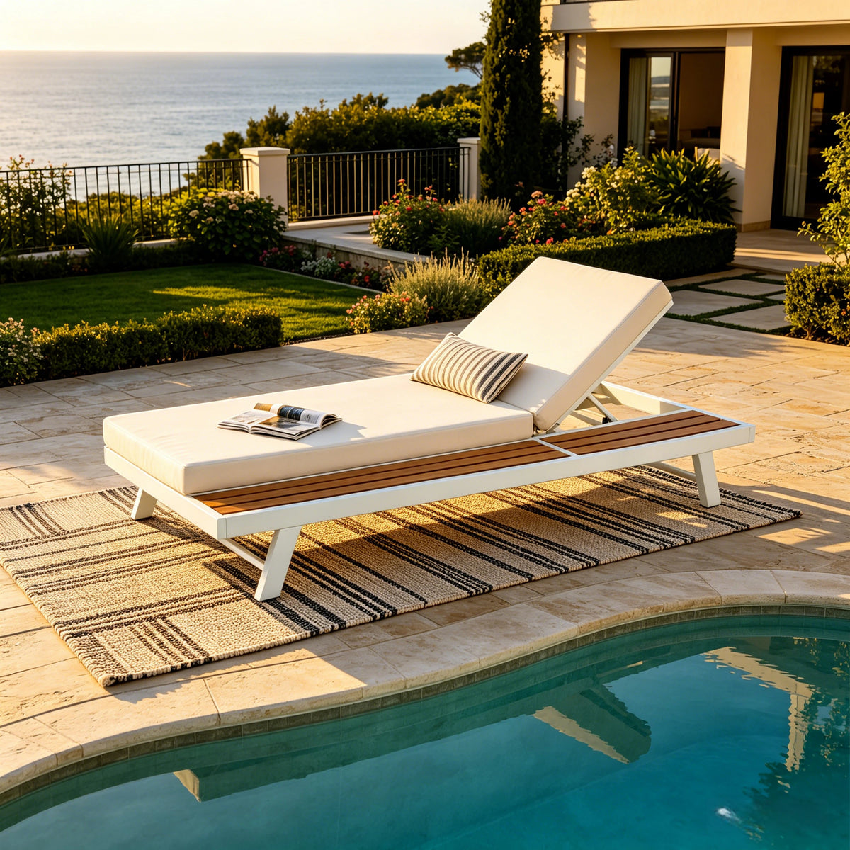 White Metal Adjustable Outdoor Chaise Lounge with 2-Fold Cushions