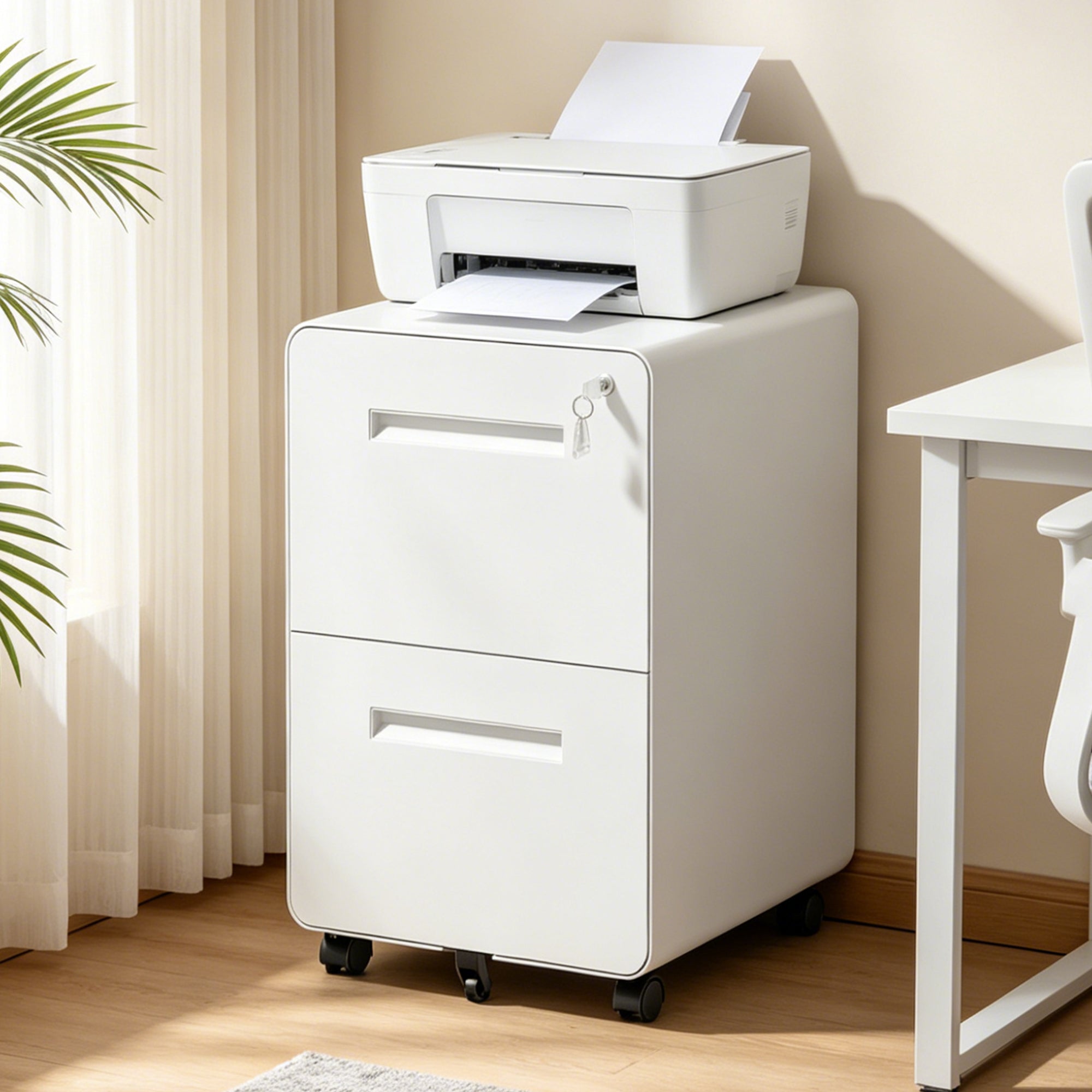 Rolling File Cabinet with Drawers and Lock, 17.7 in, White