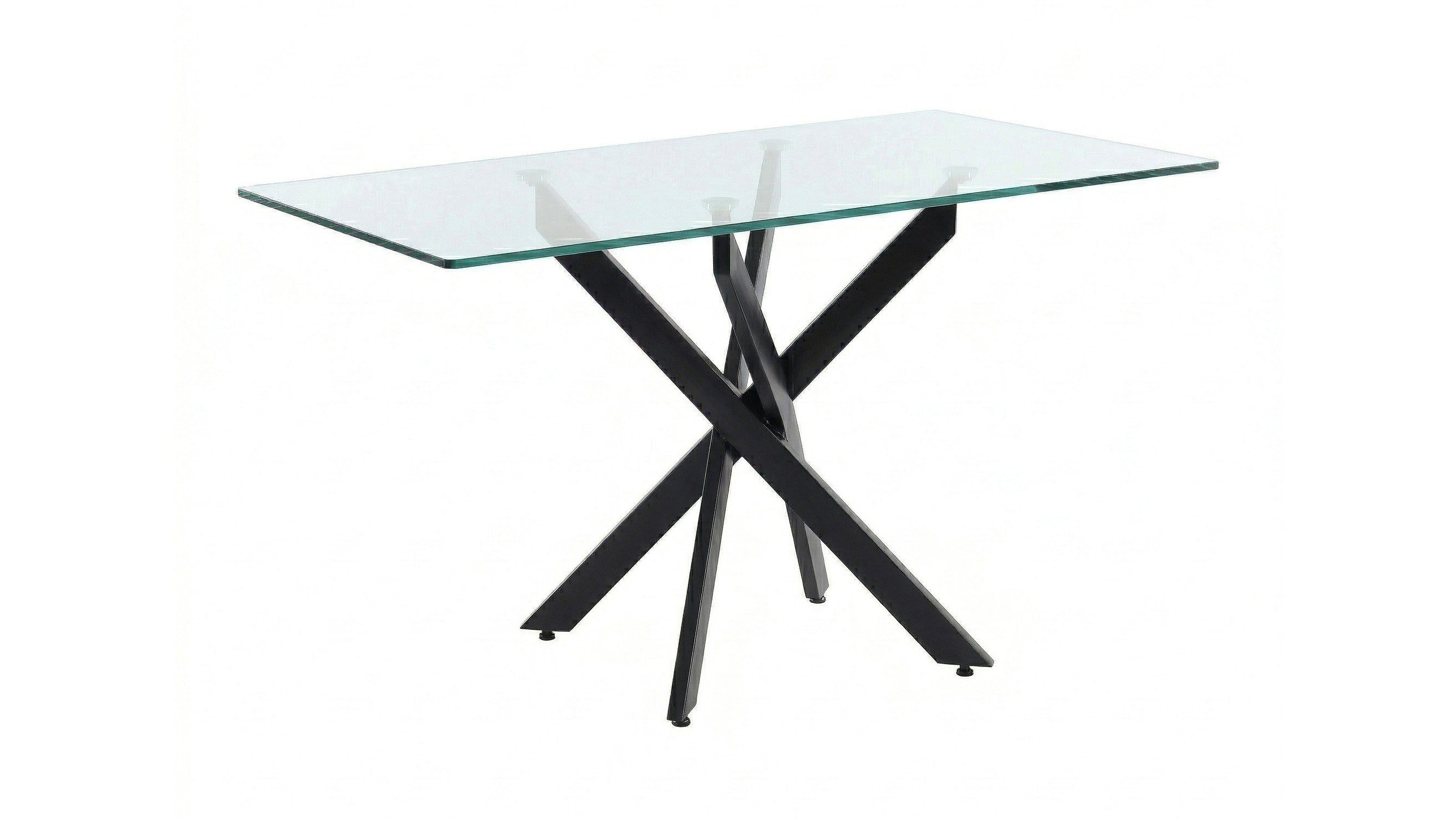 Wide angled view of the clear glass table with black X-shaped base on a white background