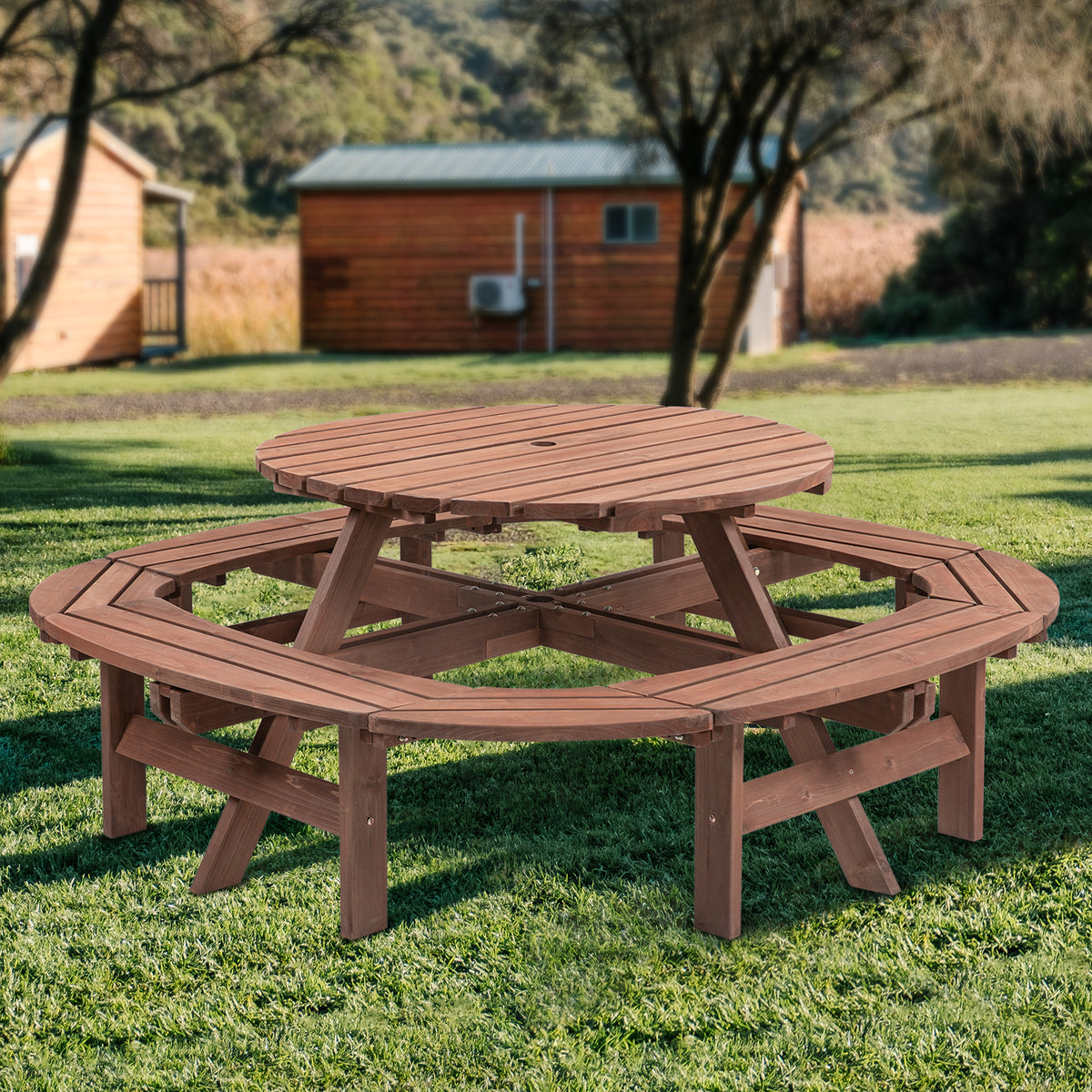 Brown Solid Wood Round Picnic Table, 70.4 in Wide