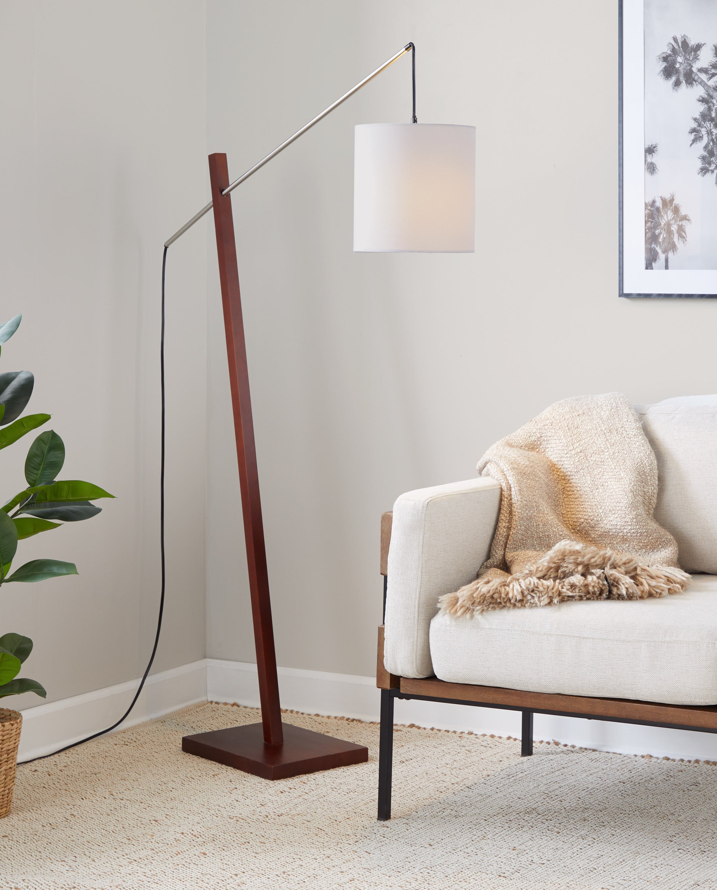 Floor Lamp with Grey Fabric Shade in Walnut Wood and Satin Nickel