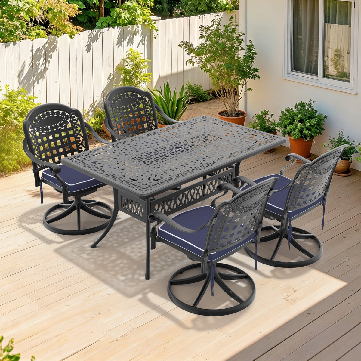 Black Aluminum 5-Piece Patio Dining Set for 4 with Cushions, Swivel