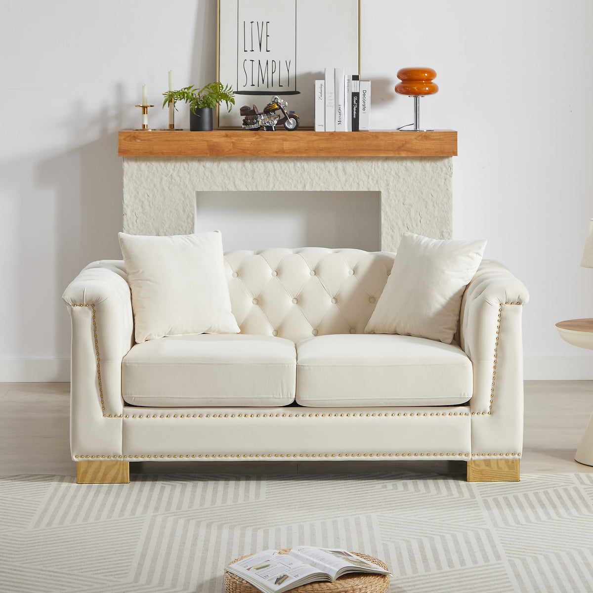 Beige Velvet 2-Seat Chesterfield Sofa, 62 in Wide