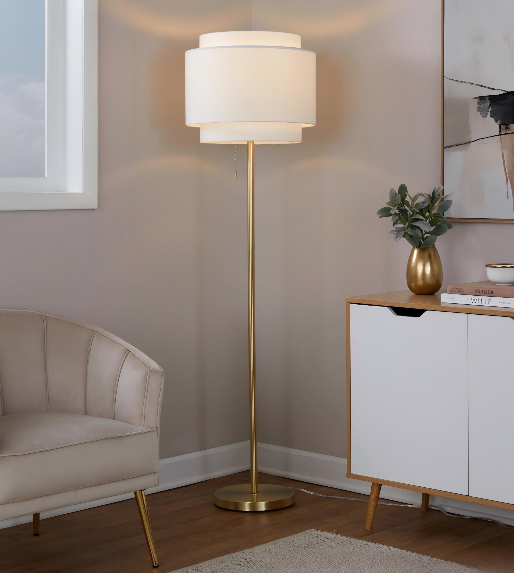 Floor Lamp with Off-White Linen Shade, Gold
