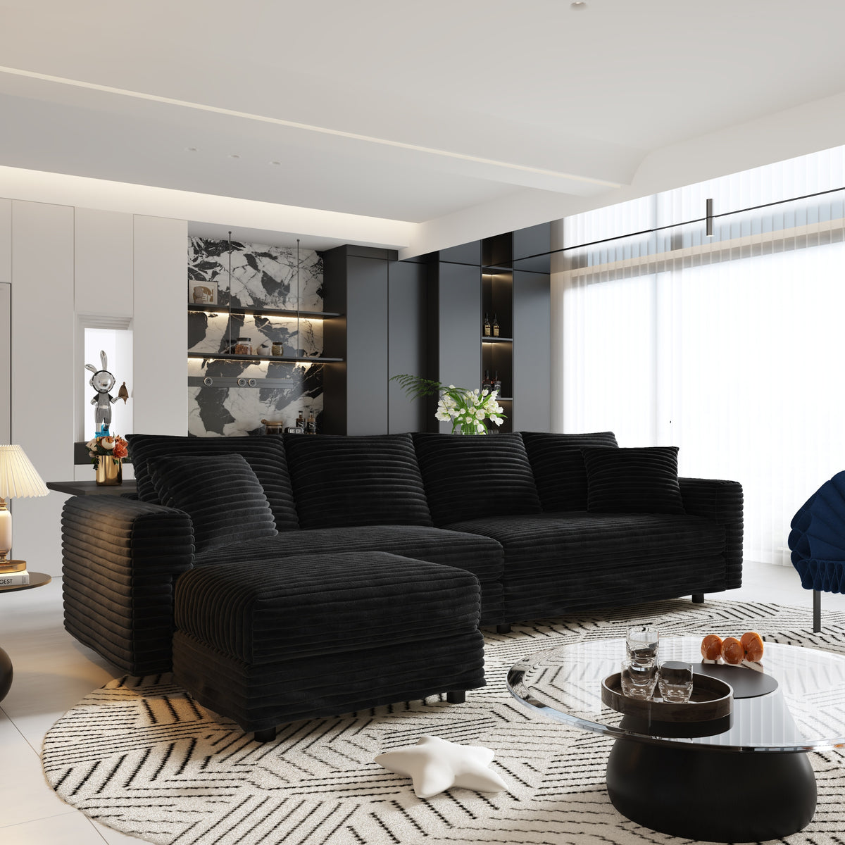 Black Corduroy 4-Seat Couch with Ottoman, 102.4 in Wide