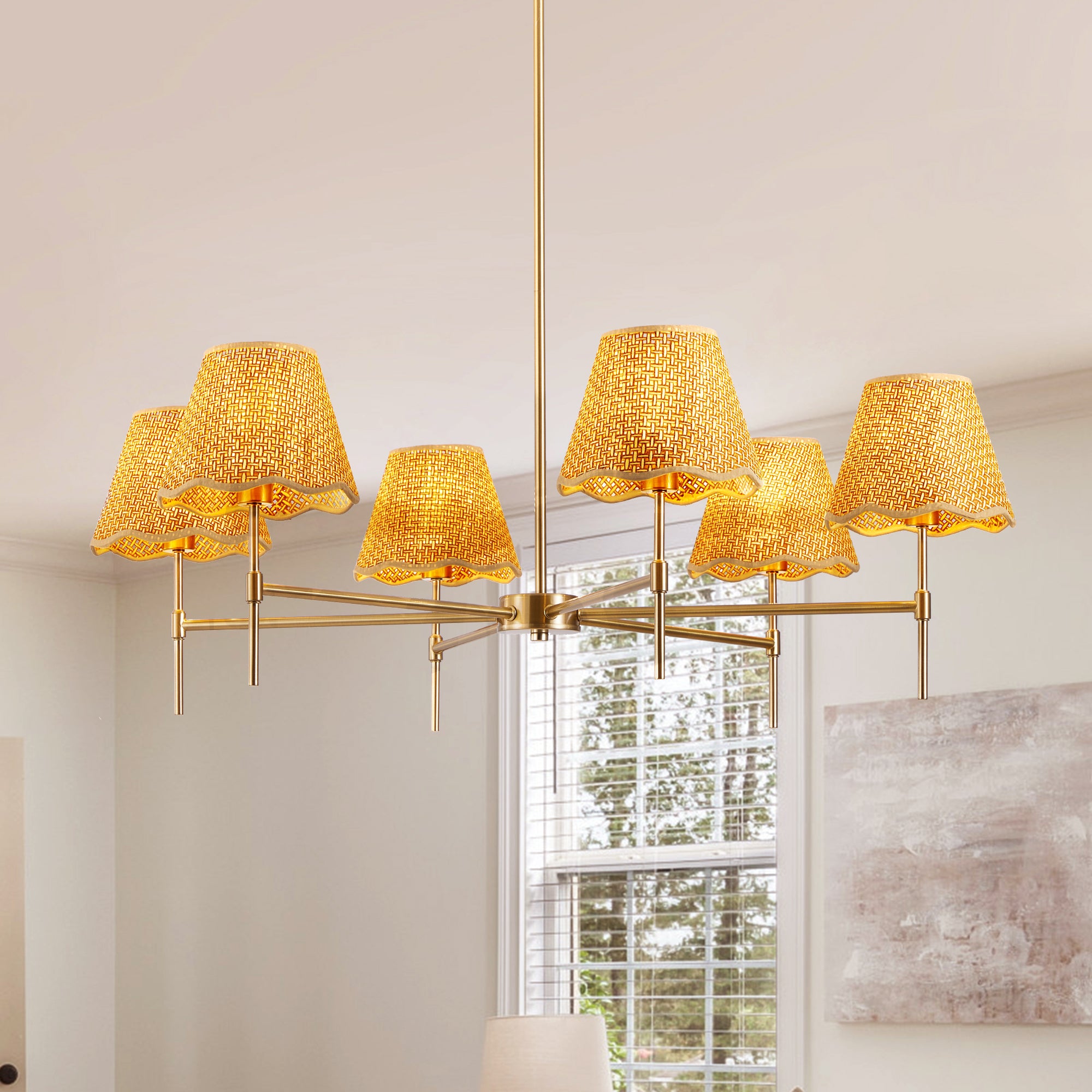 Chandelier, 6-Light Rattan Shade, Gold