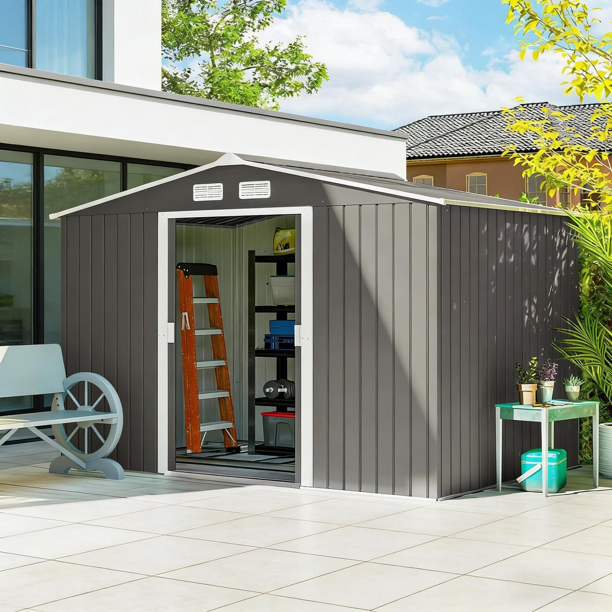 Light Gray Metal Storage Shed, 6.4x9.1 ft
