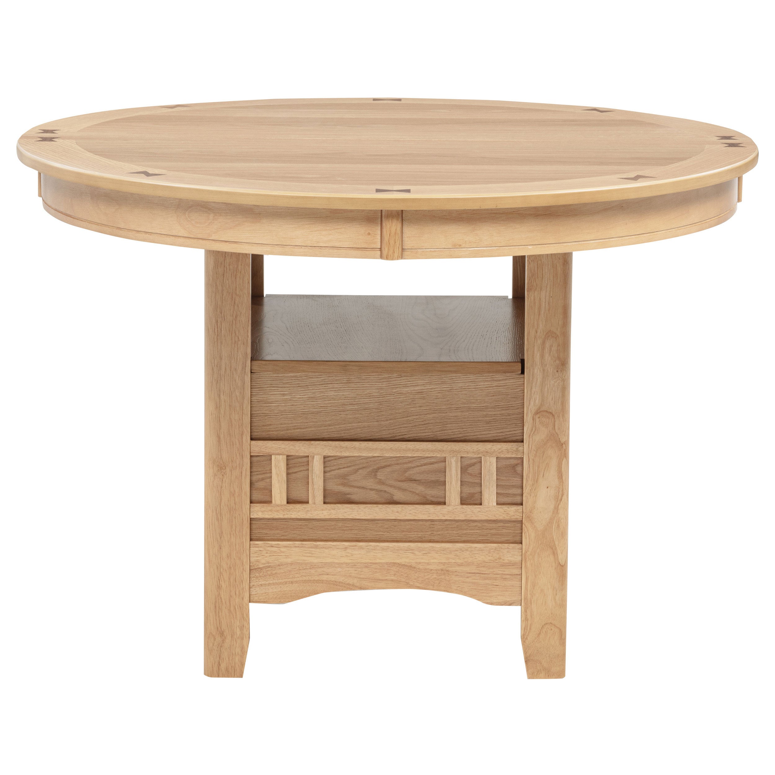Light oak round dining table, three-quarter view on white studio background
