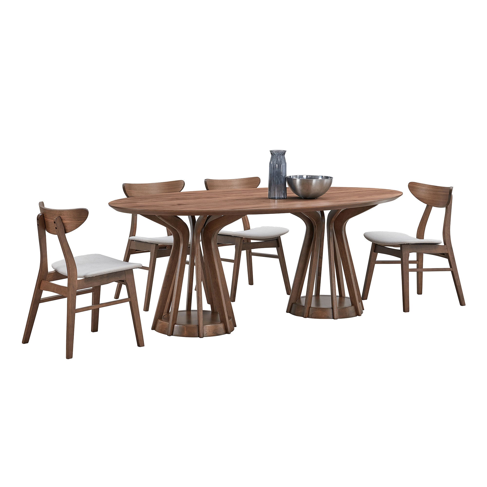 Round walnut pedestal table with six chairs and light seats on white