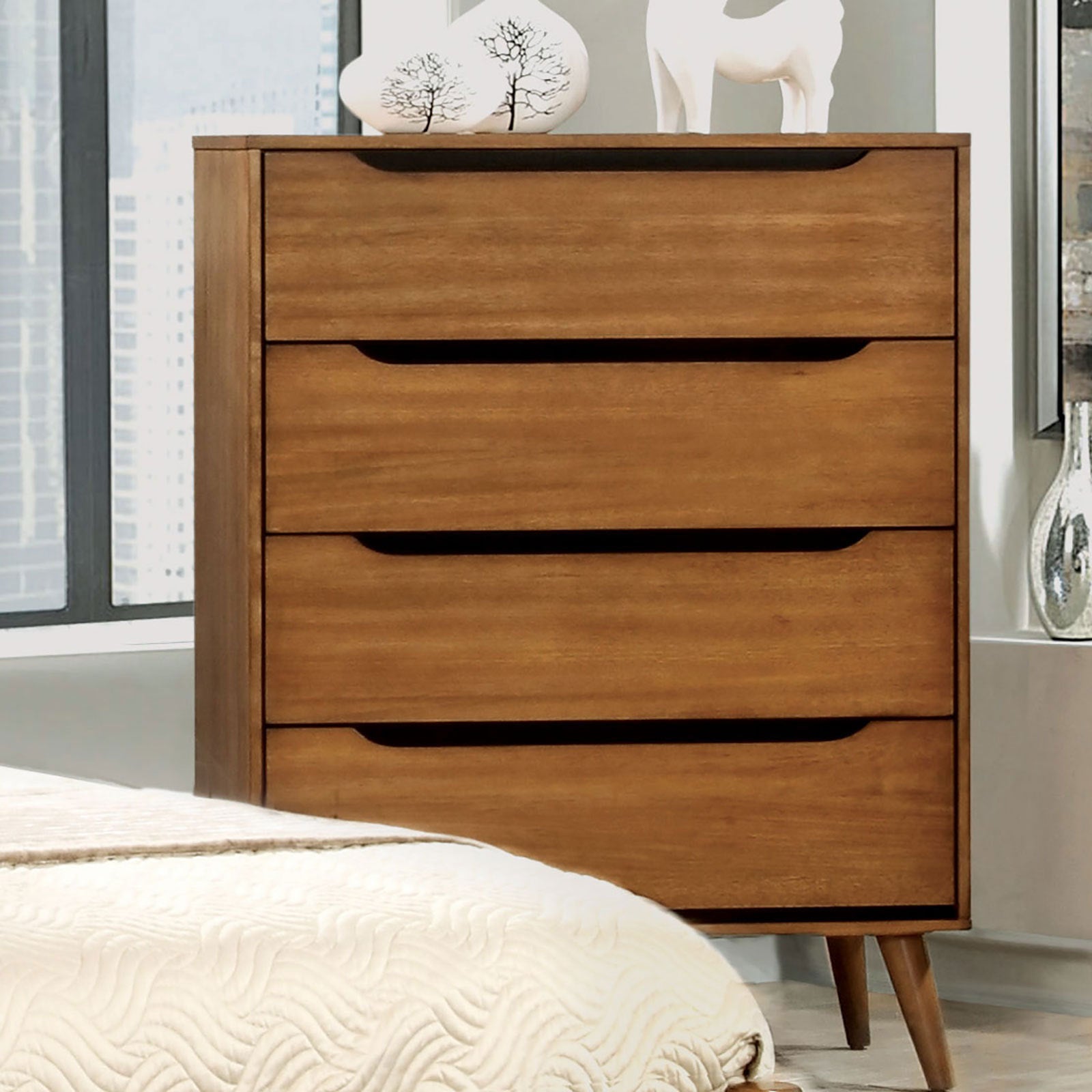 Mid-Century Solid Wood Chest with Tapered Legs, Oak