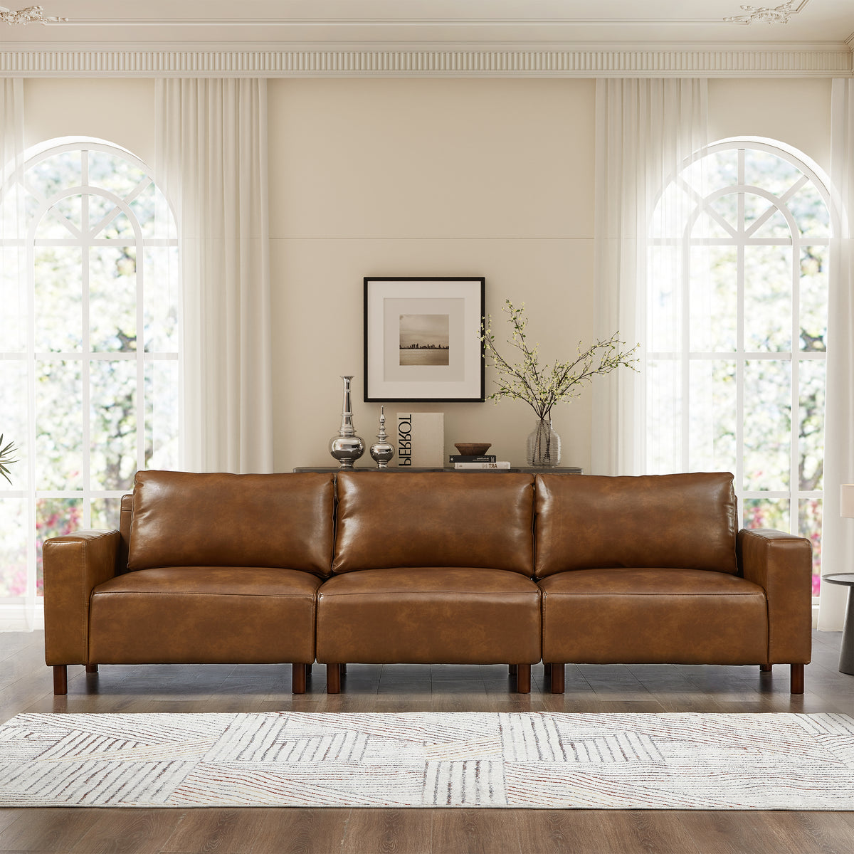 Brown Vegan Leather 3-Seat Couch, 112 in Wide