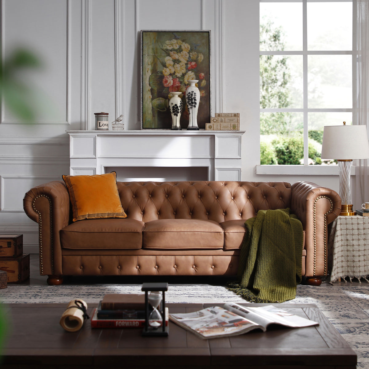 Brown Vegan Leather 3-Seat Chesterfield Sofa, 88.5 in Wide, 37 in Deep