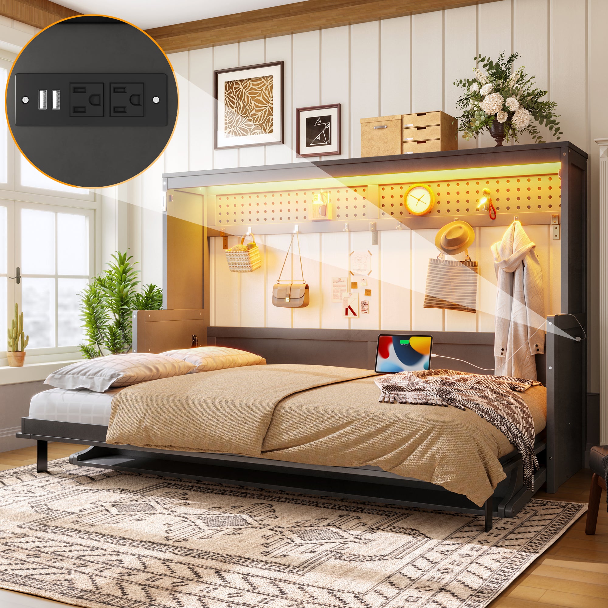 Dark Gray Queen Murphy Bed with Built-In Desk and USB