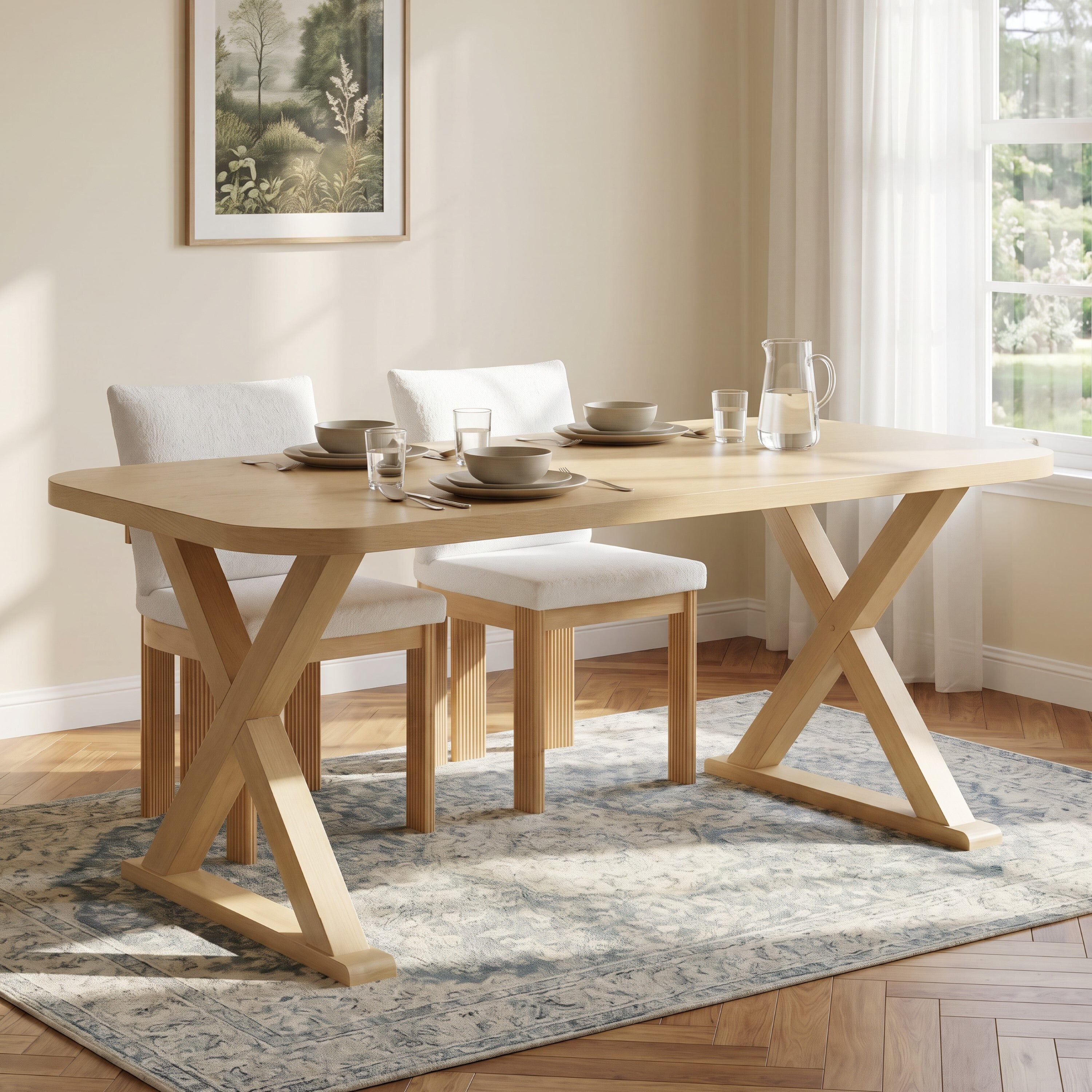 Oak veneer dining table with X-legs set with plates and a pitcher in a sunlit dining room