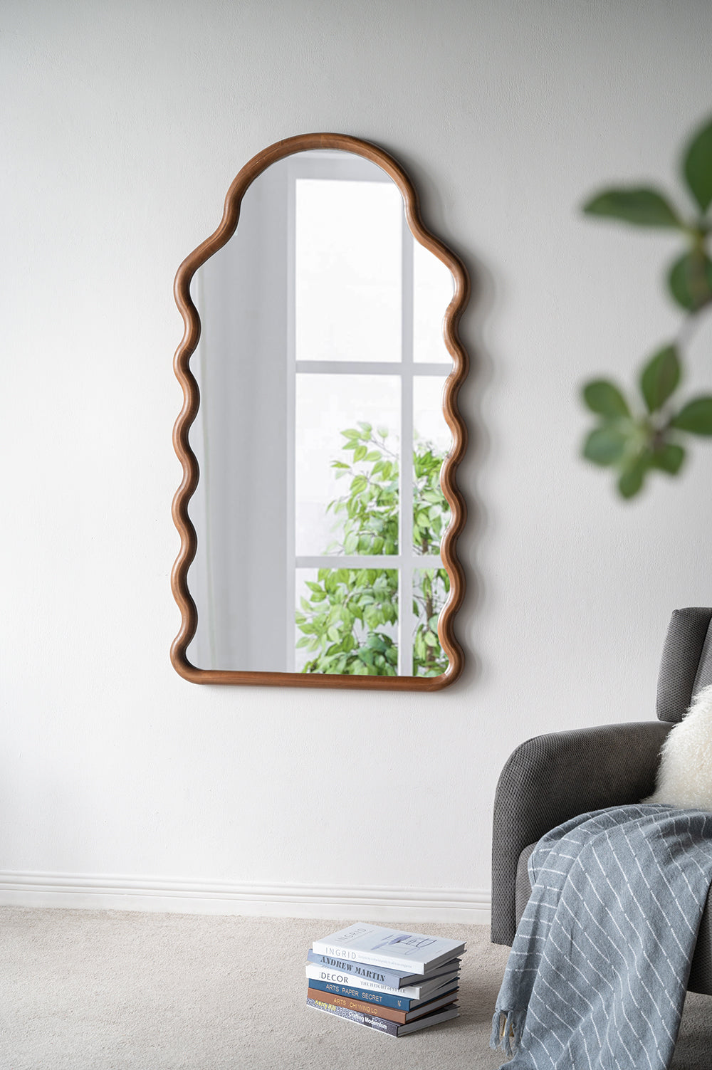 30" x 55" Arched Pine Wood Mirror with Curved Brown Frame