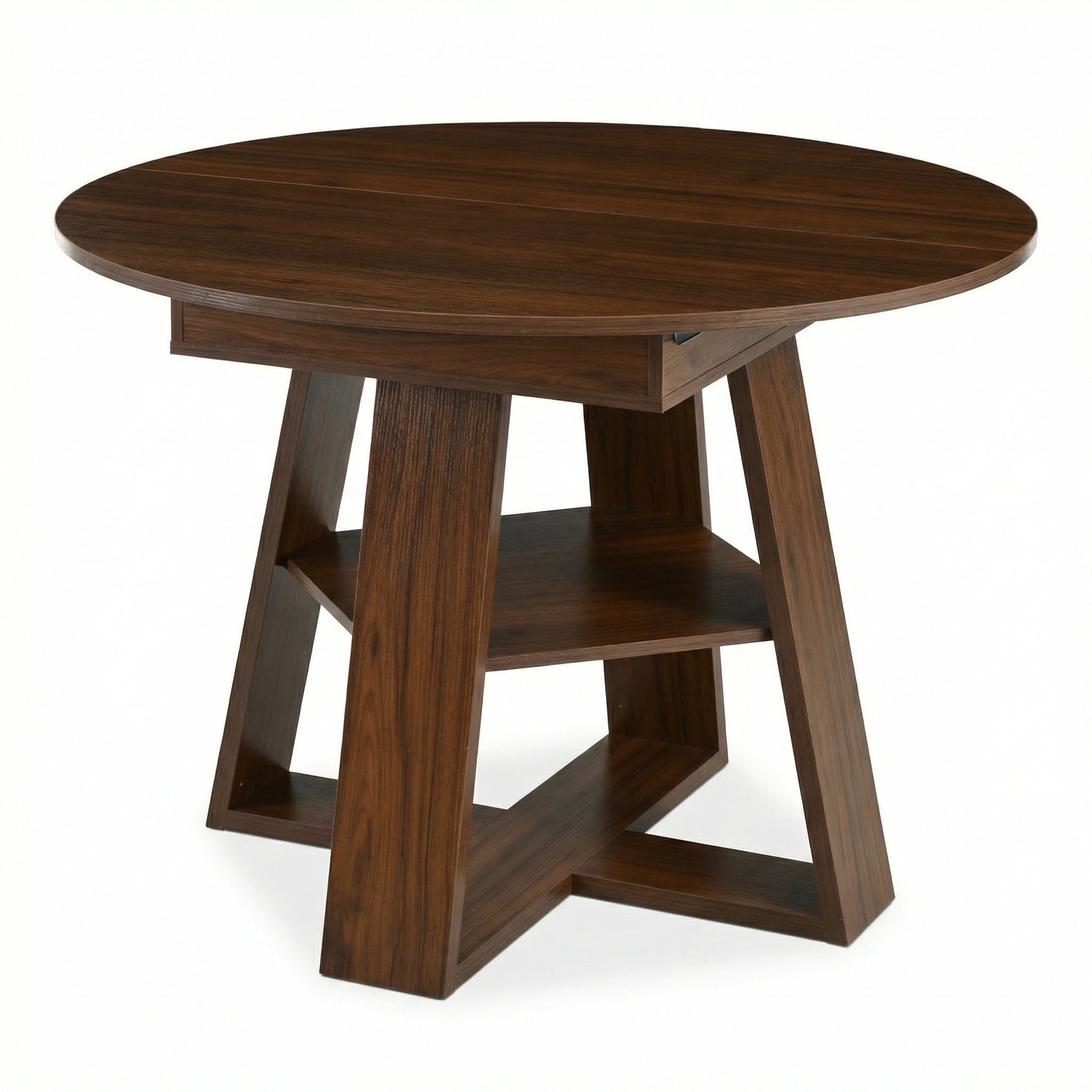 Angled studio view of the walnut round dining table on a white background